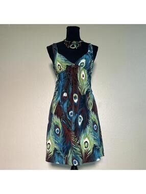 Vintage Boho Peacock Print Mini Dress Indie Y2K Fit & Flare Fairy Summer